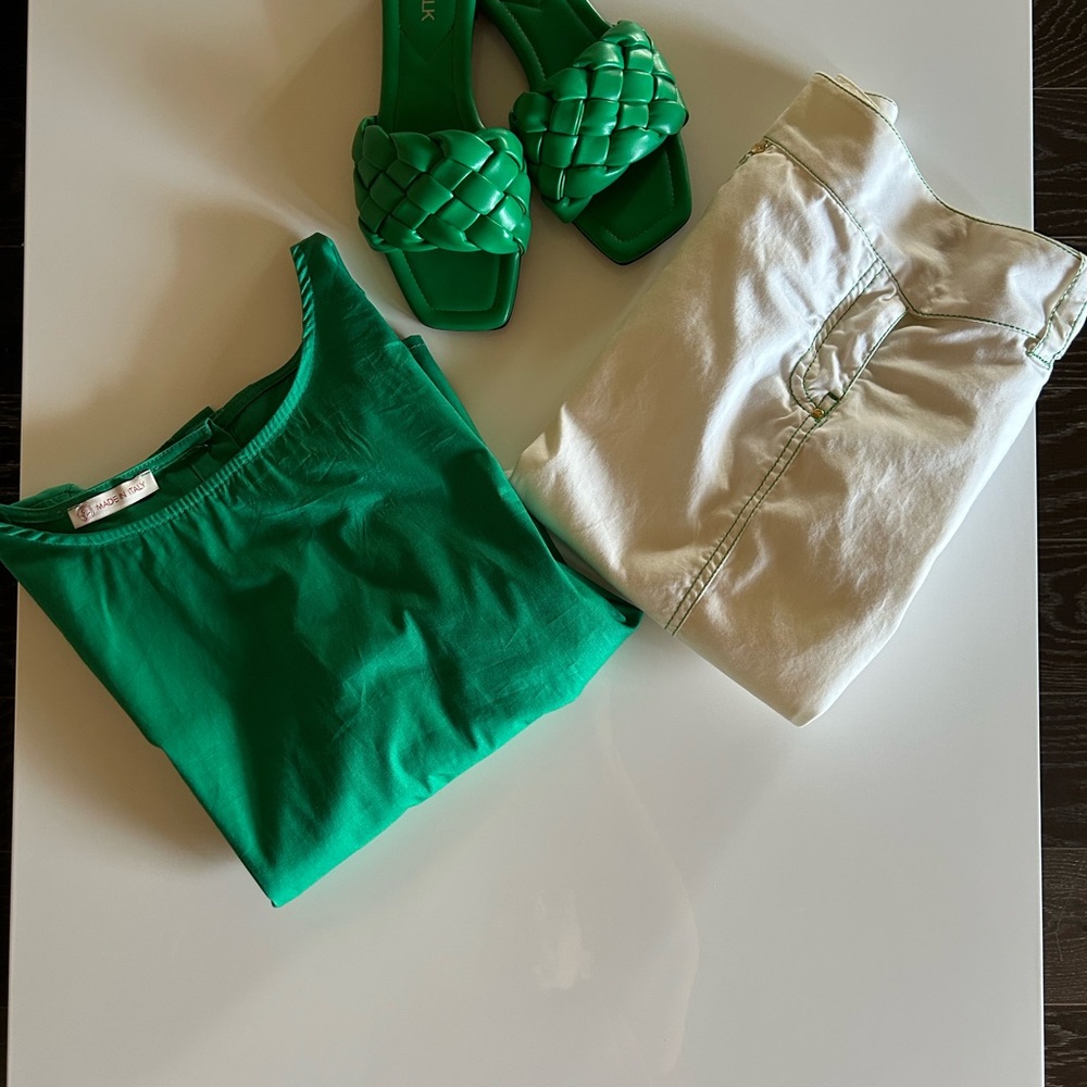 Bundle of green  Top and Sandals with white skirt .